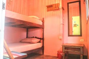 a bedroom with two bunk beds and a mirror at Ubatuba Wild Hostel in Ubatuba