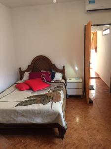 Un dormitorio con una cama con almohadas rojas. en LO DE BETTY en Villa Unión