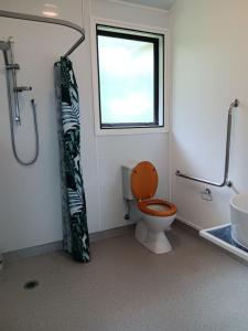 a bathroom with a toilet and a window at Purple Hen Country Lodge in Katikati