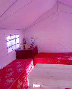 a room with two red beds and a window at Luxury tent in the middle of nature 