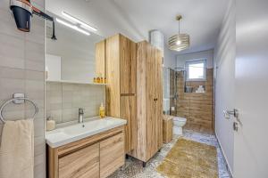 La salle de bains est pourvue d'un lavabo, de toilettes et d'une douche. dans l'établissement Apartments with a parking space Delnice, Gorski kotar - 23045, à Delnice