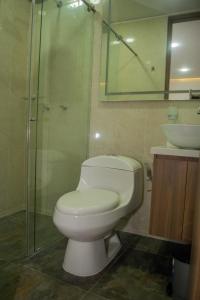 a bathroom with a toilet and a shower and a sink at Mar Apartamentos in Bucaramanga