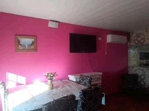 a room with a pink wall with a table and a tv at alquiler por día en general Acha in General Acha