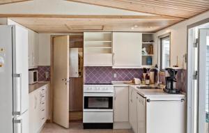 a kitchen with white appliances and purple tiles at Three-Bedroom Holiday Home In Gedser in Gedser +9 photos
