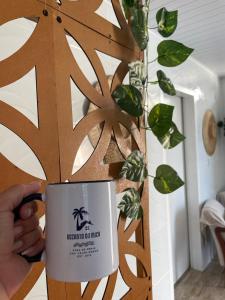 una persona che tiene in mano una tazza di caffè in una stanza di Recanto do Mica a Governador Celso Ramos