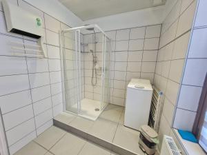 La salle de bains carrelée de blanc est pourvue d'une douche et de toilettes. dans l'établissement Gîte Nancy, 2 pièces, 2 personnes - FR-1-584-316, à Nancy