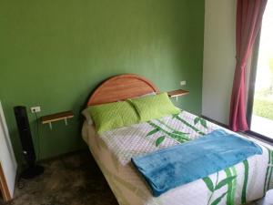 Cama en habitación con pared verde en Casa el Colibrí, en Naranjo