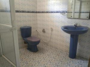 bagno con servizi igienici blu e lavandino di Coastal Heaven Villa a Trincomalee
