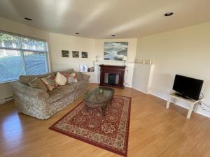 a living room with a couch and a tv at Skyview Apartment at Otter Point in Sooke