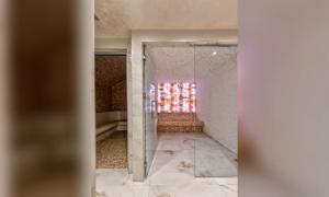 ein Bad mit einer Dusche und einer Glastür in der Unterkunft Vila Pino Silvestre in Zlatibor
