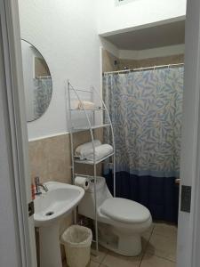 y baño con aseo, lavabo y ducha. en MINI CASA ECOTERRA SANTA ANA, en Santa Ana