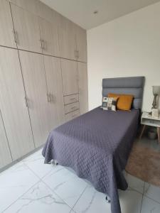 a bedroom with a bed with a purple blanket and cabinets at Siqueiros Boarding Home in Jesús María