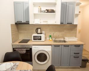 een keuken met een wasmachine en een wastafel bij Aleks Top Center 2- Free parking in Boergas