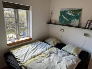 a bedroom with a bed and two windows at Holiday home Kibæk in Kibæk