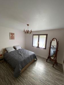 a bedroom with a bed and a mirror at Appartement au bord du lac avec terrasse in La Tour-dʼAuvergne