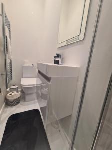uma casa de banho branca com um lavatório e um WC em Luxury studio flat em Londres