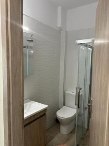 a bathroom with a toilet and a sink and a shower at Anna-Maria Appartement in Kalives Poligirou