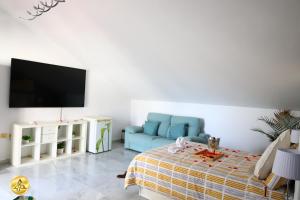 a living room with a blue couch and a flat screen tv at A4J Luxury in Mijas