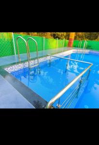 a large swimming pool with blue water and metal steps at Cornerpoint bungalows in Alibaug