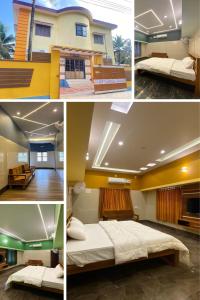 un collage de quatre photos d'une chambre dans l'établissement Shreesham Resort at Malpe Beach, à Udupi