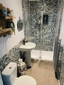 a bathroom with a toilet and a sink and a shower at Seaside Loft in Lytham St Annes