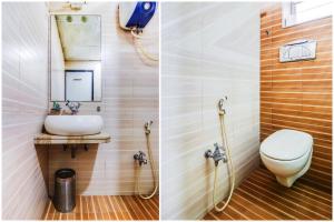 Duas fotografias de uma casa de banho com WC e lavatório. em FabExpress Sivabhagya Annex em Madurai