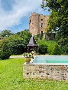 une piscine dans une cour avec un château en arrière-plan dans l'établissement Château du Montellier, à Le Montellier