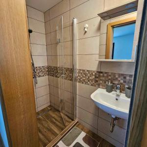 La salle de bains est pourvue d'une douche et d'un lavabo. dans l'établissement Adventure Farm, à Štore