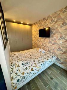 1 dormitorio con 1 cama y TV en la pared en Appartement Neuf confort, en Écully