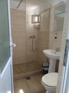 een badkamer met een douche, een toilet en een wastafel bij Famagusta in Vama Veche