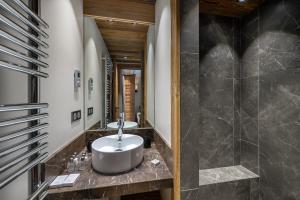 ein Bad mit einem Waschbecken und einer Dusche in der Unterkunft Appartement Fusée - LES CHALETS COVAREL in Le Joseray