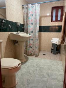 y baño con aseo, lavabo y ducha. en Linda Vista 4, en Mazamitla