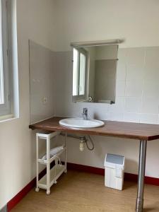 ein Bad mit einem Waschbecken und einem Spiegel in der Unterkunft MEHATCHE Piscine Vue Montagnes in Souraïde