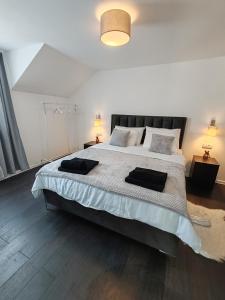 a bedroom with a large bed with two pillows on it at Rodjaci sa sela in Belgrade