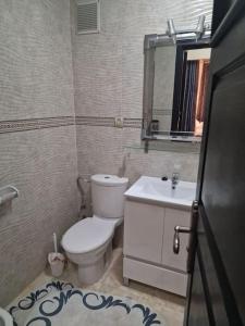 uma casa de banho com um WC, um lavatório e um espelho. em Spacieux appartement au centre-ville de Tanger em Tânger