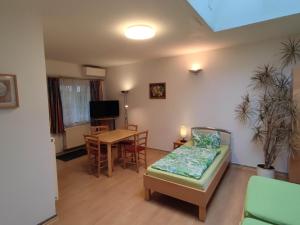 ein Wohnzimmer mit einem Tisch und einem Bett sowie ein Esszimmer in der Unterkunft Pension Jung in Leipzig