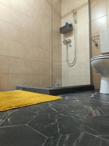 uma casa de banho com um chuveiro, um WC e um tapete amarelo. em Brvnara Beli em Gornji Milanovac