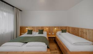 Dos camas en una habitación con paredes de madera. en Vernalhof Apt Sunnaseit, en Sluderno