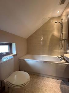 a bathroom with a toilet and a tub and a sink at Marina House North and Marina House South in Stromness