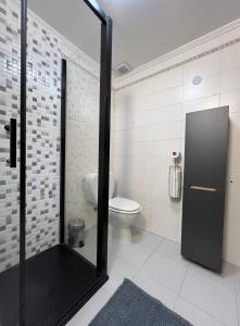 baño con aseo y puerta de ducha de cristal en Piso Azalea Combarro, en Combarro