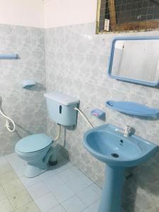 een badkamer met een blauw toilet en een wastafel bij WHITE ROSE VILLA in Kandy