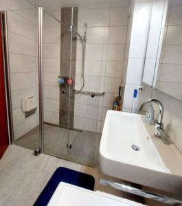 een badkamer met een douche en een witte wastafel bij 1Room in a beautiful shared apartment 12min walk from Center in Friedrichshafen