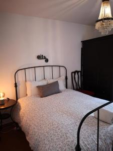 1 dormitorio con cama y lámpara de araña en La Casa Roja del Alto Tajo en Ablanque