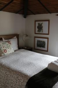 1 dormitorio con cama, lámpara y cuadros en la pared en La Casa Roja del Alto Tajo en Ablanque