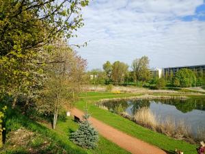 a park with a pond in front of a building at Ozo park apartments in Vilnius