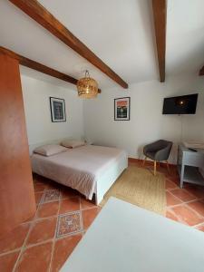 1 dormitorio con 1 cama y 1 silla en una habitación en Mas Constantin en Salin-de-Giraud