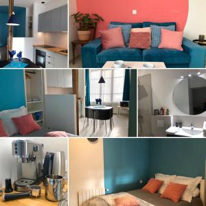 eine Collage mit Fotos eines Zimmers mit einer blauen Couch in der Unterkunft Auterive-Évasions-Éclipse-parking gratuit, hypercentre, gare in Auterive