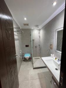 a bathroom with a shower and a toilet and a sink at Pyramids Khufu House in Cairo