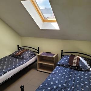 2 łóżka pojedyncze w pokoju z oknem dachowym w obiekcie Noclegi Starogard w Starogardzie Gdańskim
