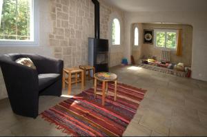 een woonkamer met een bank en een open haard bij Yaor Shiatsu Yoga soins, stages, retraites avec jacuzzy in Ladern-sur-Lauquet